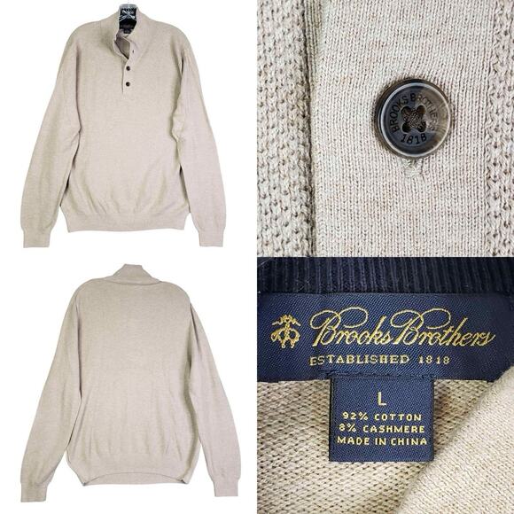 Brooks Brothers Sweater Men’s Size Large L Beige Quarter Button Pullover - Picture 1 of 8